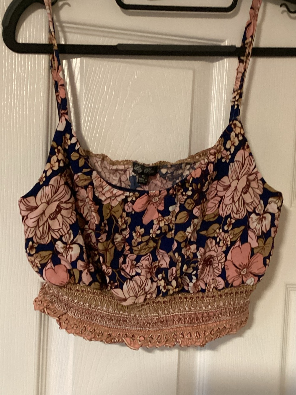 Boho Floral Cropped Spaghetti-Strap Tank Top - Pink & Navy